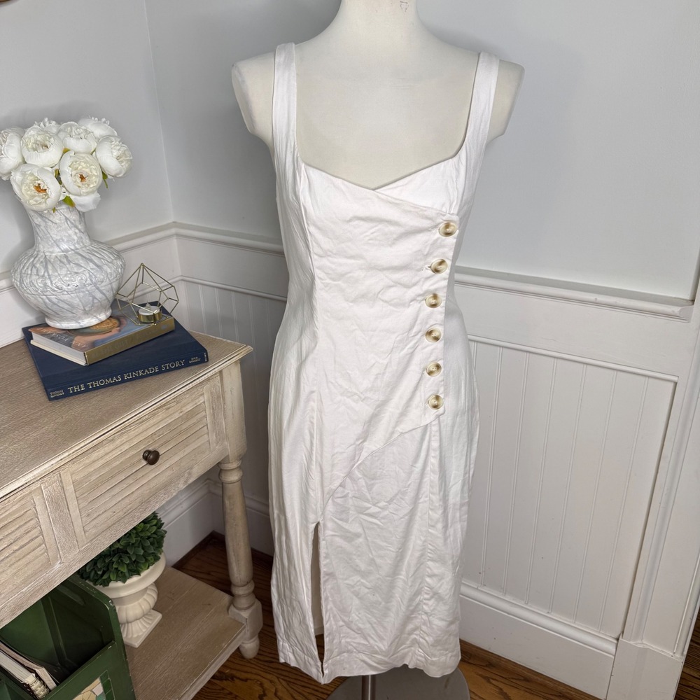 Anthropologie White Linen Blend Asymmetrical Button Midi Dress Small